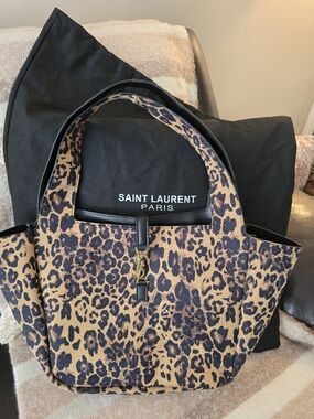 Saint Laurent Leopard-Print Tote in Tan and Black with YSL Charm